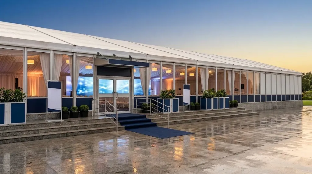 The marquee set for a corporate conference at dusk